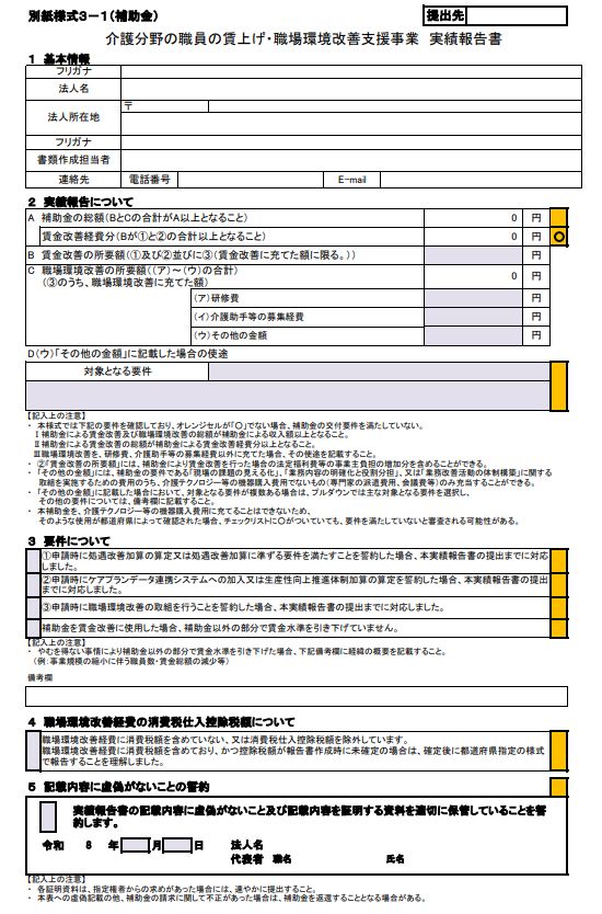 別紙様式3-1(補助金) 介護分野の職員の賃上げ・職場環境改善支援事業 実績報告書