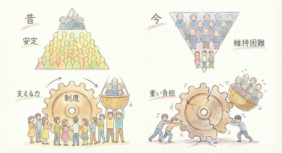 「現役世代が多く、高齢者が少ない」ピラミッド型の人口構造では機能していた制度が、少子高齢化によって維持困難になっている
